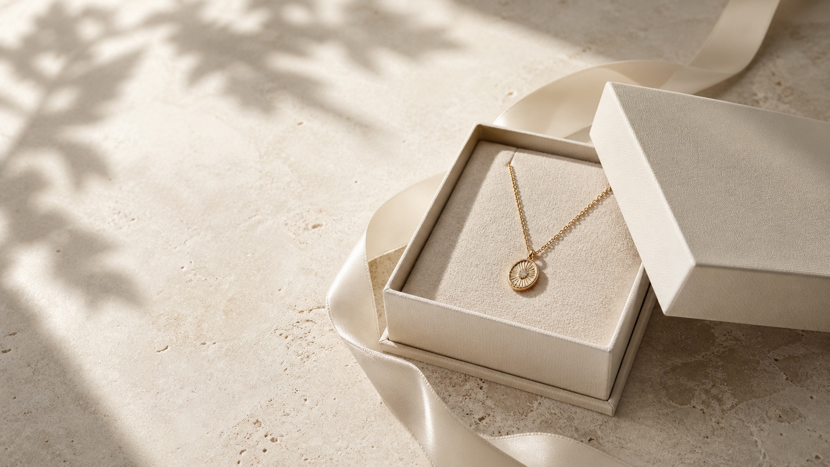 Gold necklace in an ivory gift box